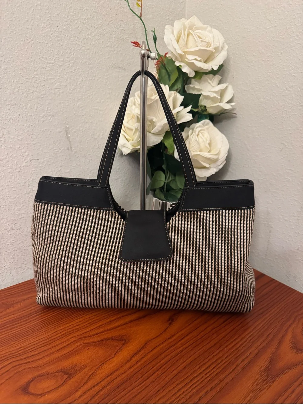 The Sak Striped Tote with Bright Pink Interior and Black Trim